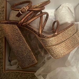 Metallic Rose Gold Platform Sandals with Strappy Ankle Wrap